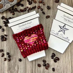 Photo of Speckled Heart Cup Sleeve completed with the printable tags included in pattern